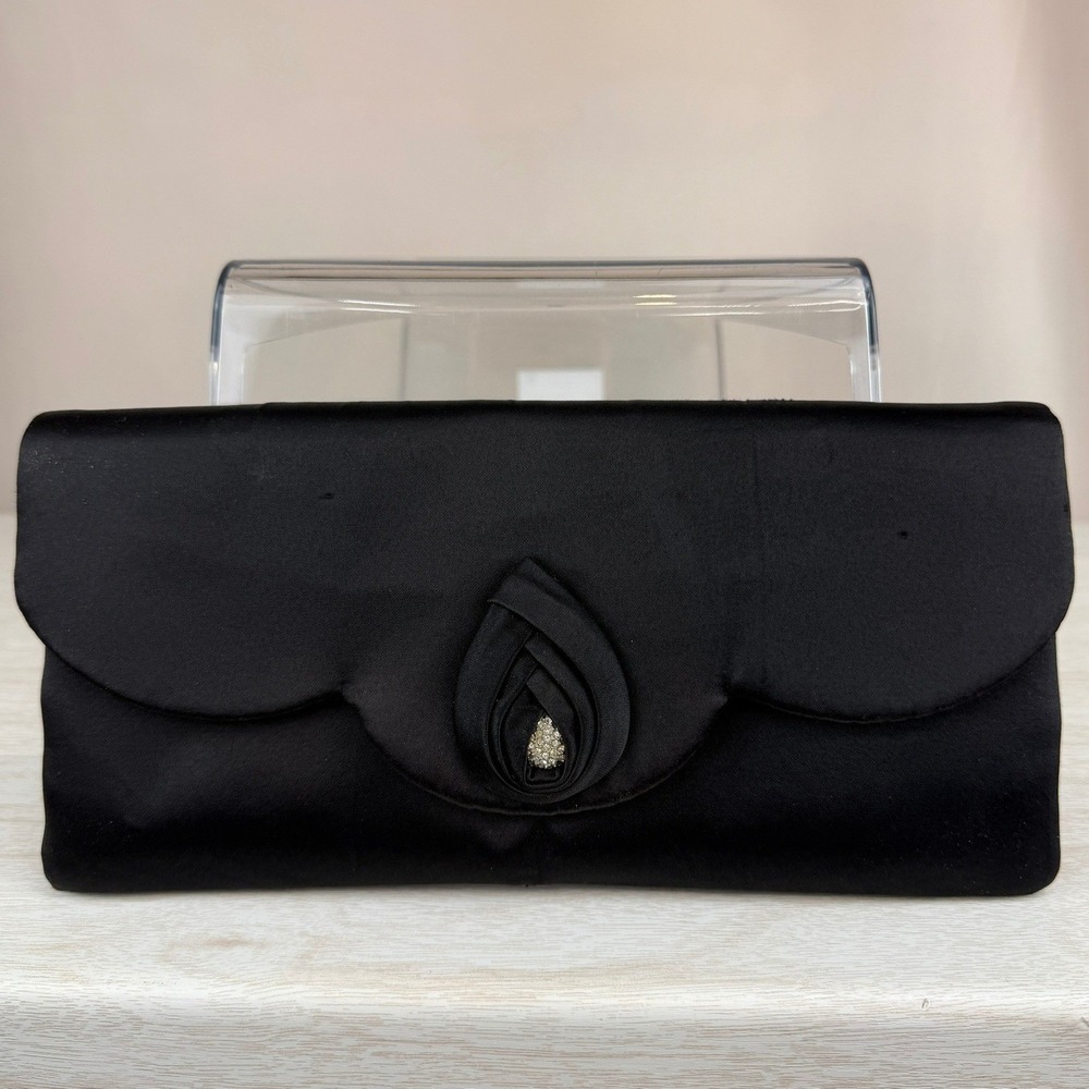 Vintage 60s Black Satin MAGID Clutch|Rhinestone Coin Purse Prom Wedding|10x5
